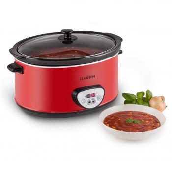 Klarstein Banquet • olla de cocción lenta • olla lenta • 6,5 l • 320 W • temporizador • panel de control con pantalla digital • interior de cerámica • tapa de vidrio • apto para lavavajillas • rojo