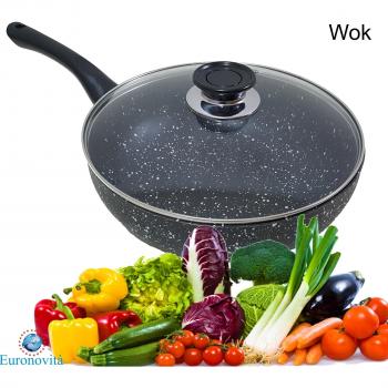 Euronovità - Sartén wok con revestimiento de piedra volcánica antiadherente y tapa de cristal, color negro