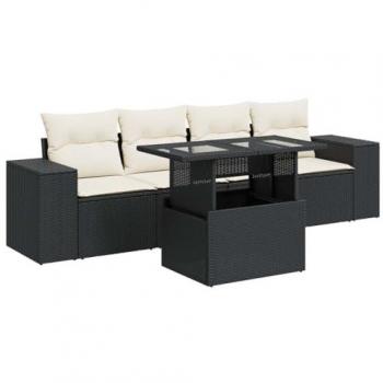 5-Piece Black Poly Rattan Garden Sofa Set with Cushions