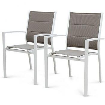 Set de 2 sillas de jardín apilables Chicago - Aluminio blanco y textilene taupe
