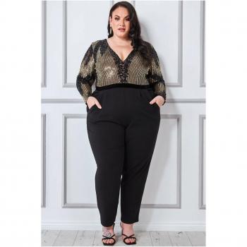 Goddiva Plus Sequin & Mesh Jumpsuit - Black - Size 20 UK