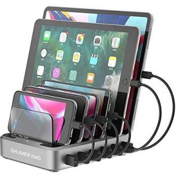 shumeifang Estación de carga para varios dispositivos, 6 puertos, PD - Tipo C+2 x 18 W, carga rápida QC3.0+3 puertos de carga Smart USB, para teléfonos móviles, smartphones y tablets, color plateado