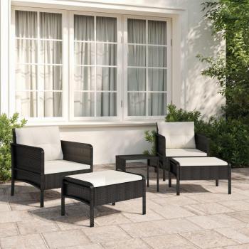 5-Piece Black Poly Rattan Garden Lounge Set with Cushions