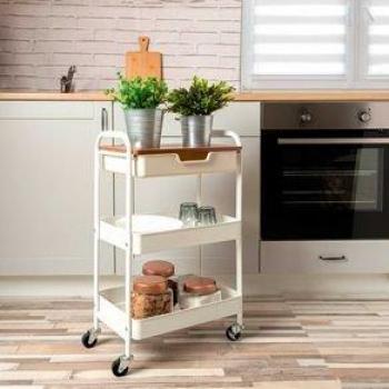 Carrito Multiusos Garbo Quid 3 Niveles Con Ruedas Blanco/Natural 75X46,5X30,5 Cm