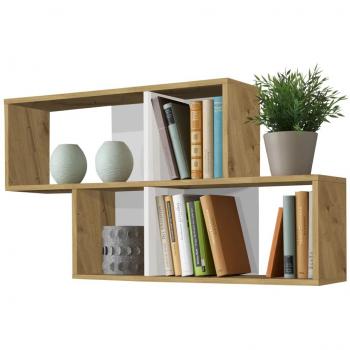 Estantería de pared FMD con 4 compartimentos en roble y blanco brillante, dimensiones aproximadas de 100 x 53 x 19,5 cm, fabricada en tablero aglomerado recubierto de resina melam