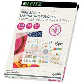 Leitz Bolsas de Plastificación Alta Velocidad A4 125 Micras, Pack de 100 Unidades, Brillantes y Transparentes, Compatible Solo con Plastificadoras A3