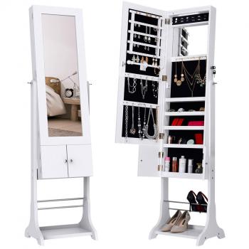 LANGRIA Espejo Joyero de Pie con Detalles Tallados , Armario para Joyas y Accesorios, Interior Aterciopelado, con zapatero para Organizar Anillos, Pendientes, Collares, Pulseras,