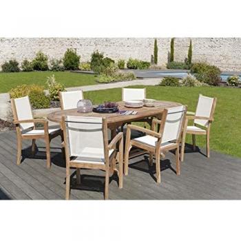 Conjunto de jardín MACABANE - Mesa ovalada extensible de madera de teca 180*240/100cm y 6 sillas de textileno para 8/10 personas