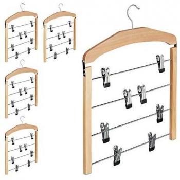 Pack de 5 Perchas Múltiples Antideslizantes para Pantalones y Faldas, Madera, Plateado-Marrón, 45,5 x 39 x 2,5 cm