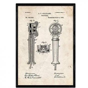 Póster Vintage de Patente de Teléfono con Marco Negro, Diseño Antiguo y Fondo Azul - Tamaño A3