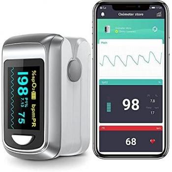 Monitor de saturación de oxígeno en sangre y monitor de frecuencia del pulso Oximetría de pulso con la yema del dedo Bluetooth para Apple y Android, incluye cordón y 2 pilas AAA