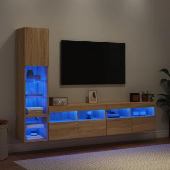 Mueble de TV de Pared 4 Piezas con Iluminación LED en Madera Ingenierizada Roble Sonoma