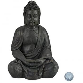 Estatua Buda Sentado XL 70 cm, Cerámica Resistente a la Intemperie y Heladas, Jardín o Salón, Gris Oscuro