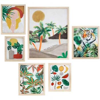 Conjunto de 6 cuadros enmarcados estilo tropical con tonos verdes, rojos y amarillos 50x40cm y 30x25cm