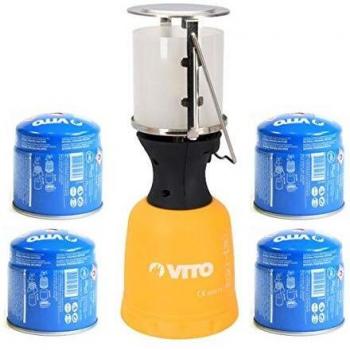 Lámpara de gas VITO + 4 cartuchos de butano de 190 g, linterna para camping
