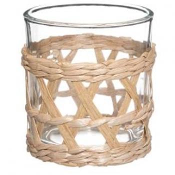Vaso Bajo de Vidrio Resistente 23cl - Indonesia con Diseño de Paja Trenzada