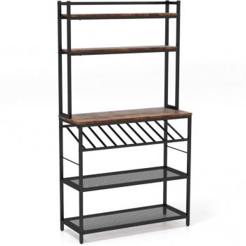 Estante de cocina para microondas con botellero para 10 botellas, soporte ajustable, 90 cm x 35 cm x 165 cm, marrón rústico