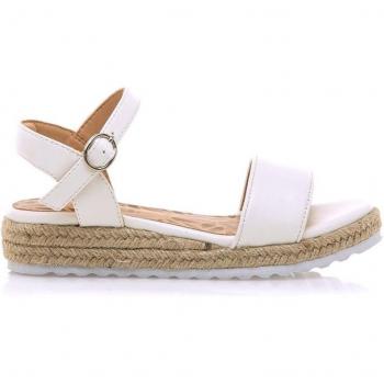 Sandalias de niña Mustang Kids Pad blanco con cierre hebilla, tipo de puntera redonda y piso de cuña en rafia