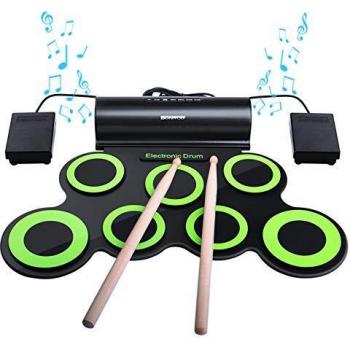 Batería Electrónica, Drum Set, bonrob Roll Up de batería Midi Drum Kit con auriculares y altavoces integrados Drum Pedals y baquetas, hasta 10St. Parte tiempo, regalo de Navidad para niños BM001