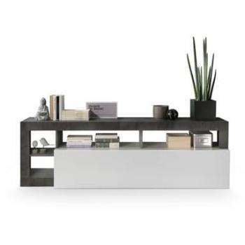 Mueble TV SEFRO - 1 puerta y 4 estantes - Blanco lacado y cemento