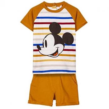Conjunto de 2 Piezas Mickey Mouse Mostaza Infantil - Camiseta y Pantalón Corto - Talla 24 Meses - Algodón 100% - Fresco y Cómodo