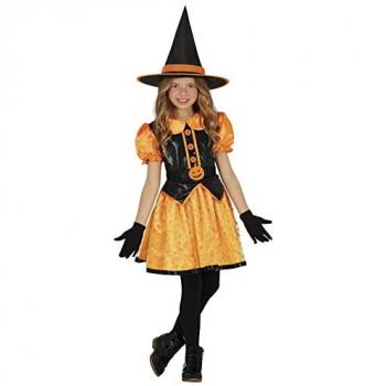 Disfraz de Bruja Naranja Brillante con Sombrero para Niña - Ideal para Halloween 5-6 Años