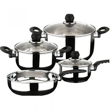 Batería de Cocina MAGEFESA PRACTIKA 7 Piezas, está Fabricada en Acero Inoxidable de alta calidad, su fondo difusor garantiza la distribución de calor, INDUCCIÓN, fácil Limpieza y Apta lavavajillas