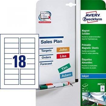 Etiquetas Magnéticas Inkjet Avery Zweckform J8871-5, 78 x 28 mm, Blancas, Microperforadas, 90 Etiquetas en 5 Hojas
