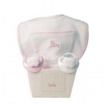 Canastilla personalizada Bebé de París - Pack de dos chupetes y babero rosa