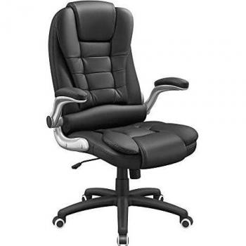 SONGMICS Silla de oficina con respaldo alto, Reposacabezas y cojín engrosados, Apoyabrazos abatibles, Silla ejecutiva ergonómica, Negro OBG51B
