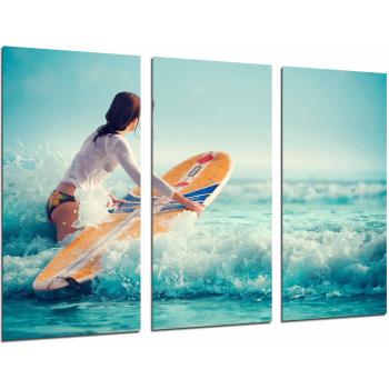 Set de 3 Cuadros Decorativos en Madera - Mujer Surfista en el Mar, Tabla de Surf, Estilo Moderno (62 x 29 cm)
