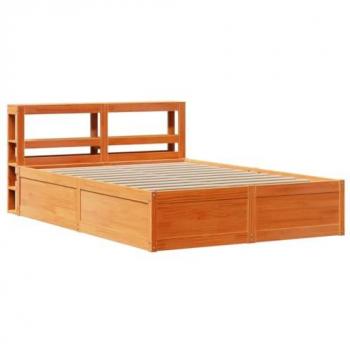 Estructura de cama con cabecero de madera de pino macizo en color marrón cera, tamaño 150x200 cm