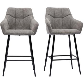 Set de 2 taburetes de cocina MONTERO con asiento acolchado de tela efecto aterciopelado texturizado gris y estructura de metal negro, altura de 65 cm