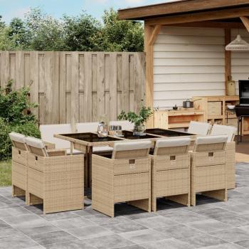 11-Piece Beige Poly Rattan Garden Dining Set with Cushions