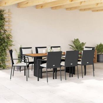 9-Piece Black Poly Rattan Garden Dining Set with Cushions