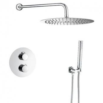 Ducha empotrada termostática pared redonda cromada Serie Jucar - 25cm, Valaz, rociador efecto lluvia, instalación en pared fácil y rápida, inoxidable