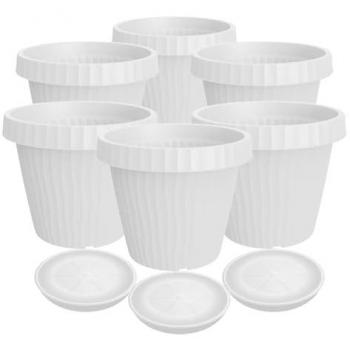 Juego de 6 macetas con platillo Onda, color blanco hielo