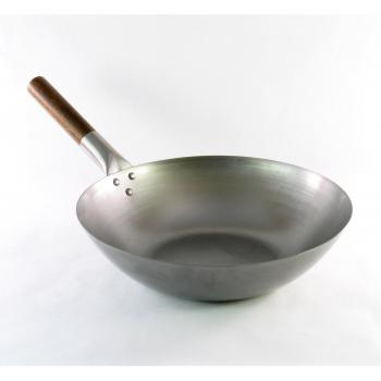 Wok tradicional de acero al carbono - Calidad profesional - Fondo plano - Mango de madera - Ø 35 cm