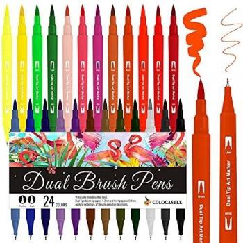 Rotuladores Lettering Brush Pen, 24 Colores, Acuarelables Marcadores para Adultos, Bullet Journal, Caligrafía, Libros para Colorear, Arte Dibujo Punta Pincel 1-2mm y Punta Fina 0.4mm