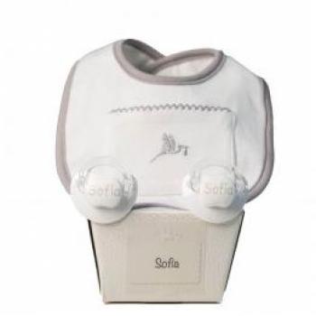 Canastilla personalizada Bebé de París - Pack de dos chupetes y babero gris