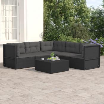 5 Piece Black Poly Rattan Garden Lounge Set with Cushions