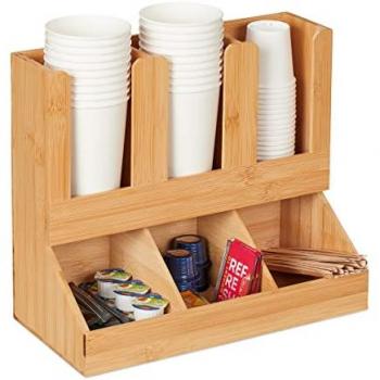 Organizador de Café de Bambú, 6 Compartimientos, Estación de Almacenaje Natural, 29.5 x 34.5 x 17 cm