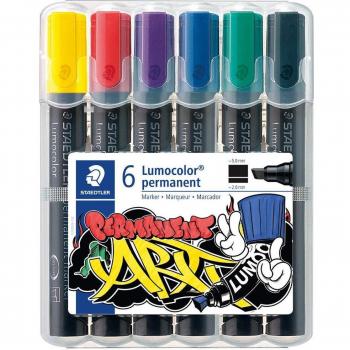 Staedtler Lumocolor 350 Marcadores Permanentes, Punta Biselada, Pack de 6 Colores Surtidos, Dimensiones 15x11x2 cm