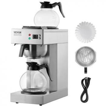 VEVOR 12-Cup Commercial Drip Coffee Maker with 2 Glass Carafes and 2 Warmer Plates, Stainless Steel for Restaurant, Office, Home