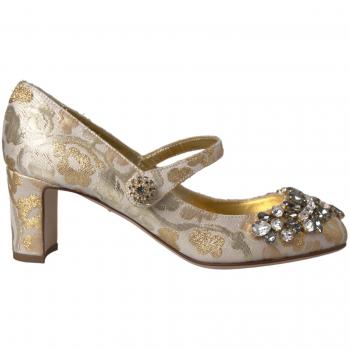 Dolce & Gabbana Gold Jacquard Crystal Mary Janes Pumps Shoes - EU37.5/US7, Yellow female, Size: 4 1/2 UK, Size: 7 1/2 US