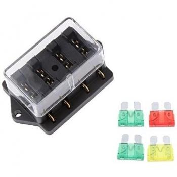 Soporte para Fusible Portafusible Bloque Cuadro de 4 Vías Coche Automático Barco Circuito + 4 Cuchilla de Fusible 12V / 24V