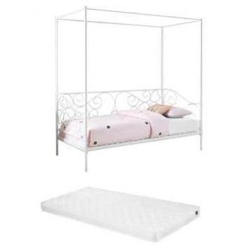 Cama con baldaquín Vivian - 90 x 200 cm - Metal - Blanco + Colchón