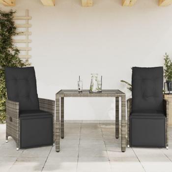 3-Piece Grey Poly Rattan Garden Bistro Set with Cushions