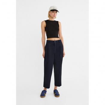 Stradivarius Carrot Fit Trousers with Darts Detail in Navy Blue