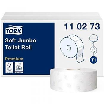 Tork 110273 Rollos de papel higiénico Jumbo Premium de larga duración de 2 capas compatibles con el sistema higiénico Jumbo Tork T1, 6 rollos